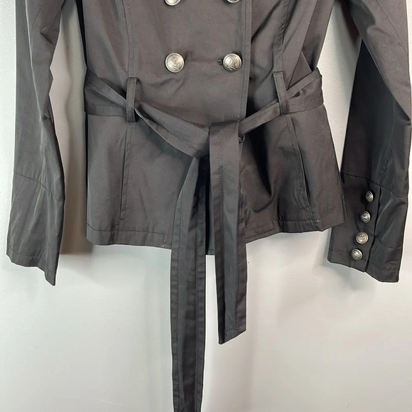 BLACK RIVET Double Breasted Short Trench Coat Jacket Black Sash Tie Belt Size M - Picture 5 of 14